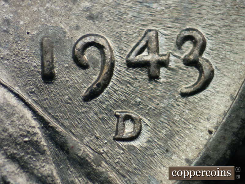 Die-stage B marker on 1943D•1DR•009 (1943 Doubled Die Reverse).