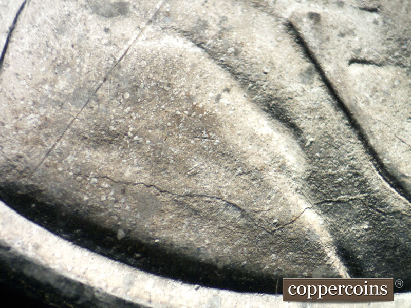 Die-stage B marker on 1943D•1DR•009 (1943 Doubled Die Reverse).