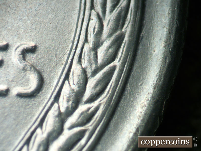 Die-stage B marker on 1943D•1DR•010 (1943 Doubled Die Reverse).