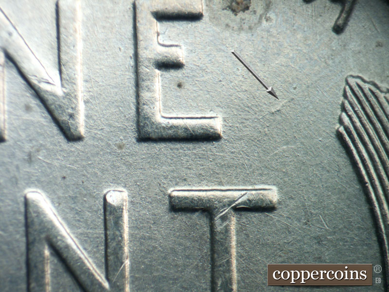 Die-stage B marker on 1943D•1DR•010 (1943 Doubled Die Reverse).