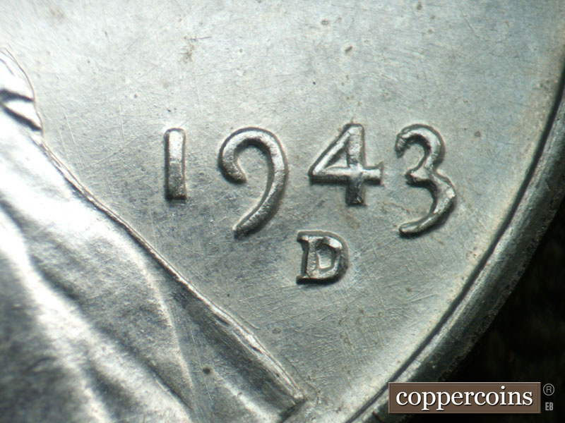 Die-stage B marker on 1943D•1DR•010 (1943 Doubled Die Reverse).