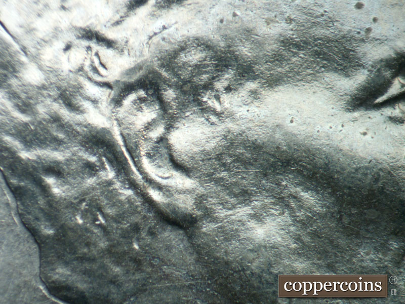 Die-stage B marker on 1943D•1DR•010 (1943 Doubled Die Reverse).