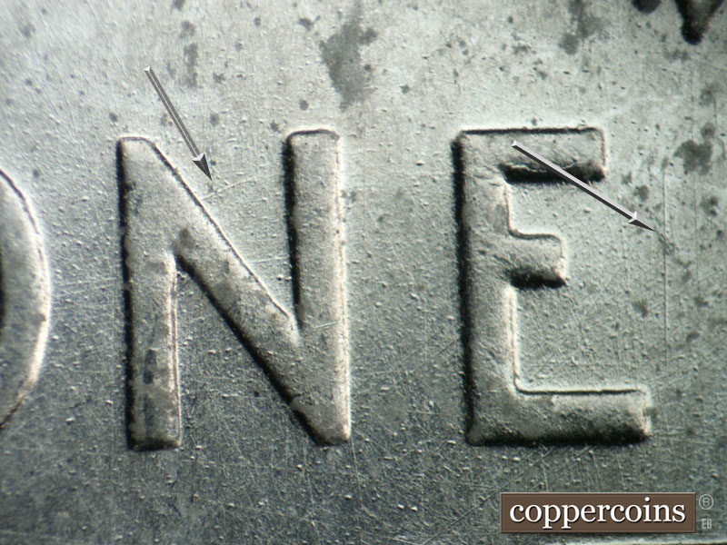 Die-stage B marker on 1943D•1DR•011 (1943 Doubled Die Reverse).