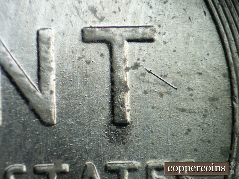 Die-stage B marker on 1943D•1DR•011 (1943 Doubled Die Reverse).