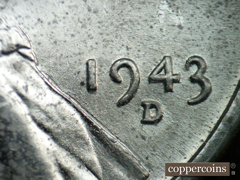 Die-stage B marker on 1943D•1DR•011 (1943 Doubled Die Reverse).