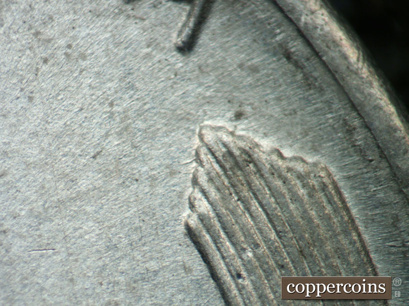 Die-stage B marker on 1943D•1DR•012 (1943 Doubled Die Reverse).