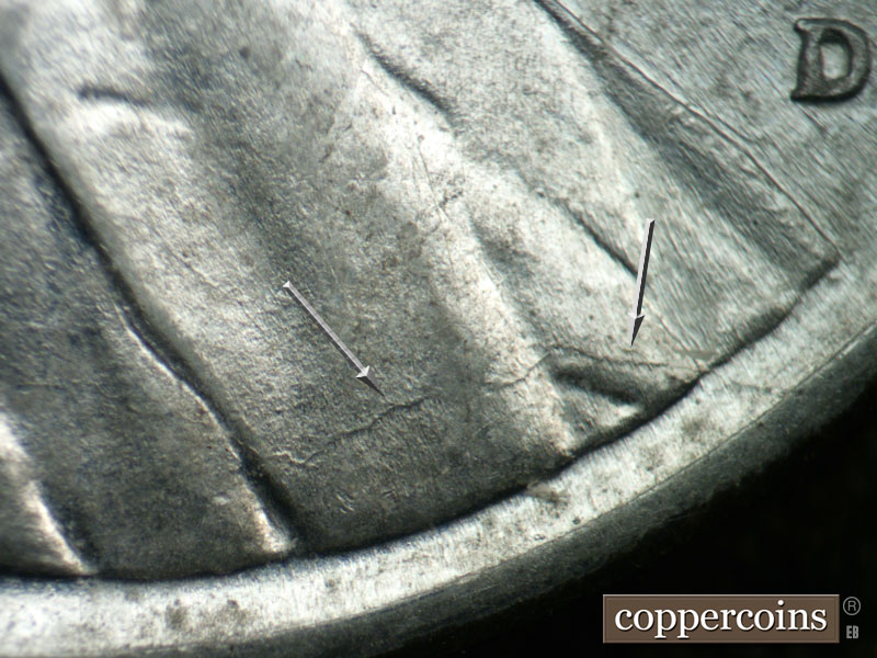 Die-stage B marker on 1943D•1DR•012 (1943 Doubled Die Reverse).