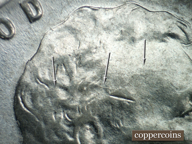 Die-stage B marker on 1943D•1DR•012 (1943 Doubled Die Reverse).