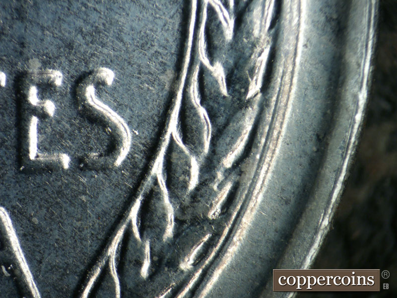 Die-stage B marker on 1943D•1DR•013 (1943 Doubled Die Reverse).