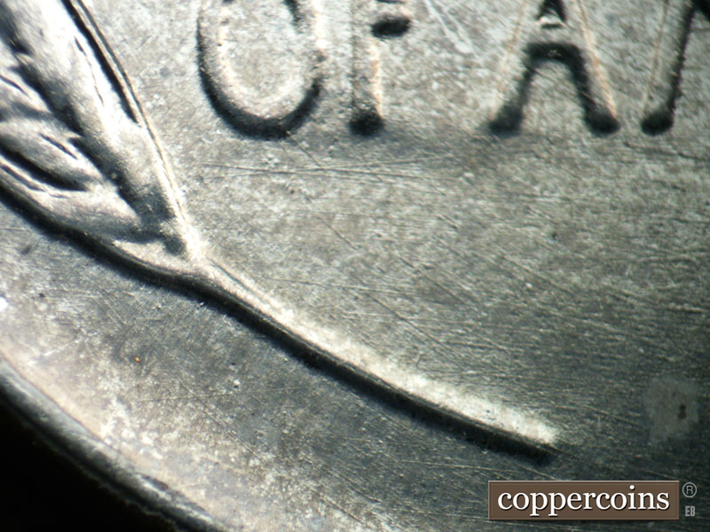 Die-stage B marker on 1943D•1DR•013 (1943 Doubled Die Reverse).