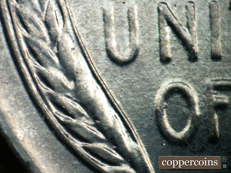 Die-stage B marker on 1943D•1DR•013 (1943 Doubled Die Reverse).