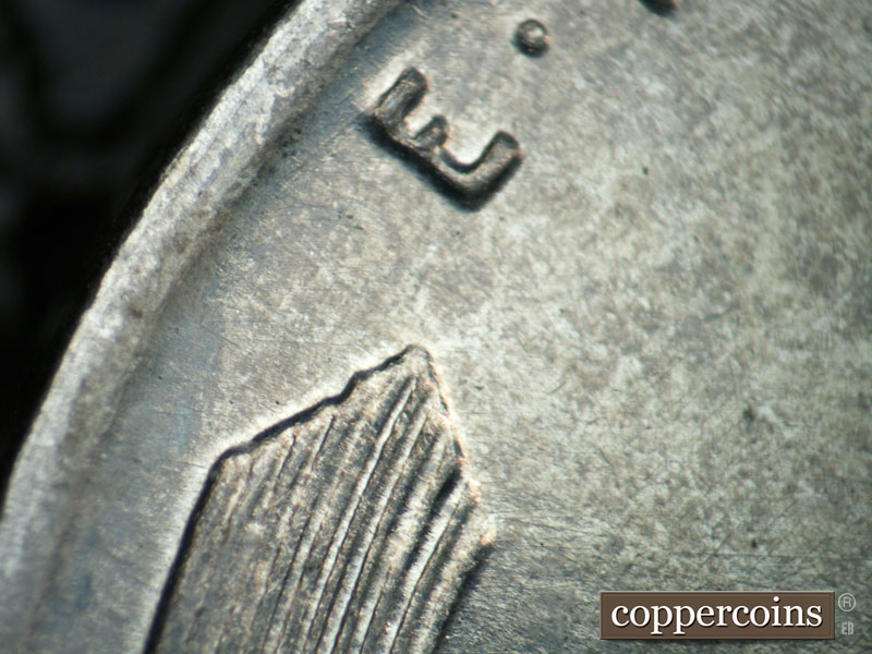 Die-stage B marker on 1943D•1DR•013 (1943 Doubled Die Reverse).