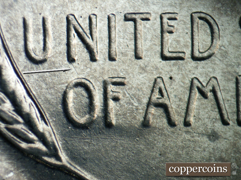 Die-stage B marker on 1943D•1DR•013 (1943 Doubled Die Reverse).