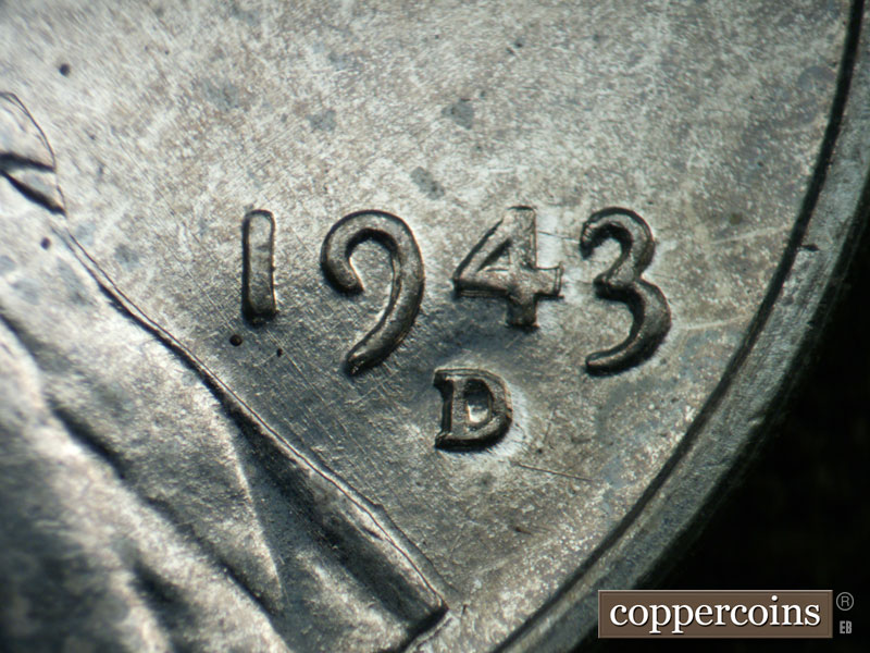 Die-stage B marker on 1943D•1DR•013 (1943 Doubled Die Reverse).