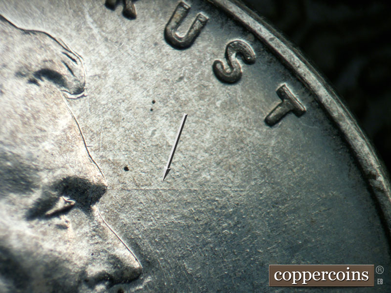 Die-stage B marker on 1943D•1DR•013 (1943 Doubled Die Reverse).