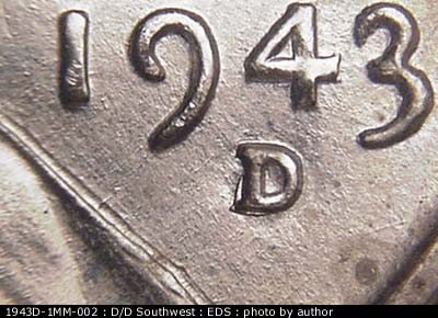 Die-stage A marker on 1943D•1MM•002 (1943 Repunched Mint Mark).
