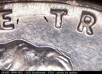 Die-stage A marker on 1943D•1MM•002 (1943 Repunched Mint Mark).
