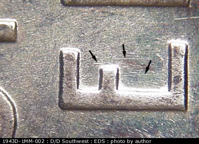 Die-stage A marker on 1943D•1MM•002 (1943 Repunched Mint Mark).