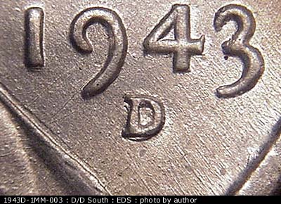 Die-stage A marker on 1943D•1MM•003 (1943 Repunched Mint Mark).