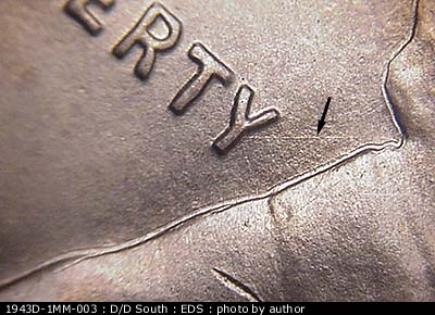 Die-stage A marker on 1943D•1MM•003 (1943 Repunched Mint Mark).