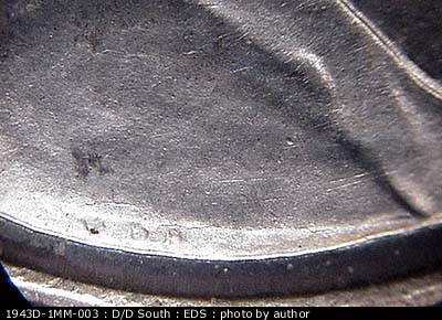 Die-stage A marker on 1943D•1MM•003 (1943 Repunched Mint Mark).