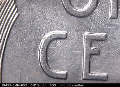 Die-stage A marker on 1943D•1MM•003 (1943 Repunched Mint Mark).