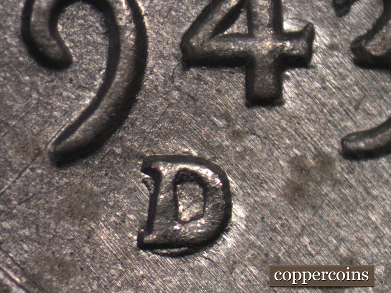 1943 Lincoln cent obverse, CopperCoins die 1943D•1MM•003.