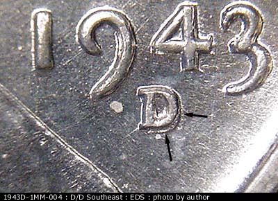 Die-stage A marker on 1943D•1MM•004 (1943 Repunched Mint Mark).