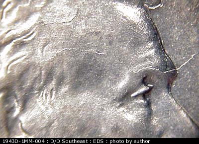 Die-stage A marker on 1943D•1MM•004 (1943 Repunched Mint Mark).