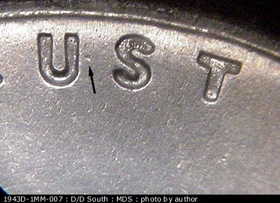 Die-stage B marker on 1943D•1MM•007 (1943 Repunched Mint Mark).