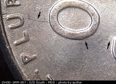 Die-stage B marker on 1943D•1MM•007 (1943 Repunched Mint Mark).