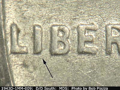 Die-stage B marker on 1943D•1MM•009 (1943 Repunched Mint Mark).