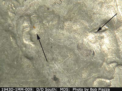 Die-stage B marker on 1943D•1MM•009 (1943 Repunched Mint Mark).