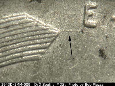 Die-stage B marker on 1943D•1MM•009 (1943 Repunched Mint Mark).
