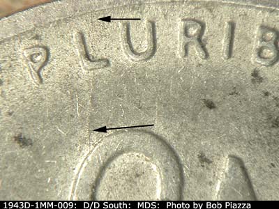 Die-stage B marker on 1943D•1MM•009 (1943 Repunched Mint Mark).