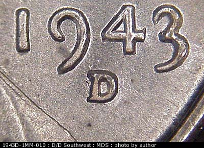 1943 Lincoln cent obverse, CopperCoins die 1943D•1MM•010.
