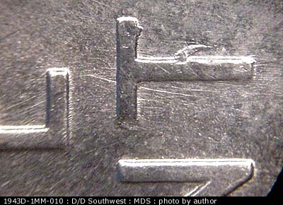 Die-stage B marker on 1943D•1MM•010 (1943 Repunched Mint Mark).
