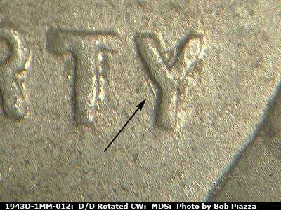Die-stage B marker on 1943D•1MM•012 (1943 Repunched Mint Mark).