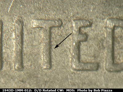 Die-stage B marker on 1943D•1MM•012 (1943 Repunched Mint Mark).