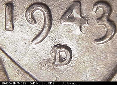 Die-stage A marker on 1943D•1MM•015 (1943 Repunched Mint Mark).