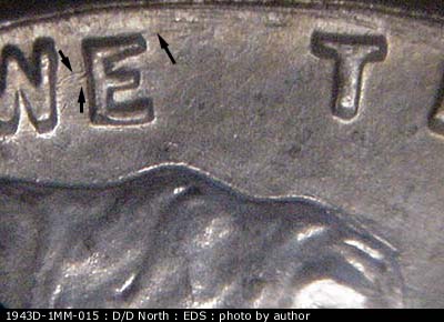 Die-stage A marker on 1943D•1MM•015 (1943 Repunched Mint Mark).