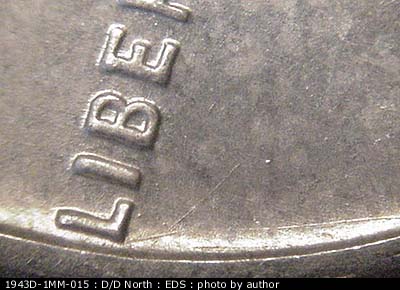 Die-stage A marker on 1943D•1MM•015 (1943 Repunched Mint Mark).