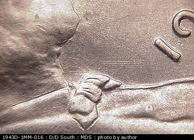 Die-stage B marker on 1943D•1MM•016 (1943 Repunched Mint Mark).