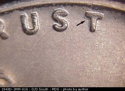 Die-stage B marker on 1943D•1MM•016 (1943 Repunched Mint Mark).
