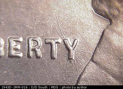 Die-stage B marker on 1943D•1MM•016 (1943 Repunched Mint Mark).