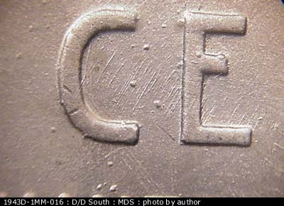Die-stage B marker on 1943D•1MM•016 (1943 Repunched Mint Mark).
