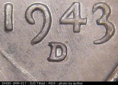 1943 Lincoln cent obverse, CopperCoins die 1943D•1MM•017.