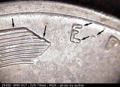 Die-stage B marker on 1943D•1MM•017 (1943 Repunched Mint Mark).