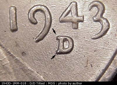1943 Lincoln cent obverse, CopperCoins die 1943D•1MM•018.