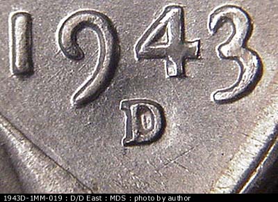 1943 Lincoln cent obverse, CopperCoins die 1943D•1MM•019.